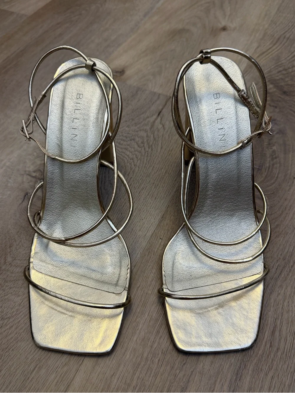 Billini Caitlin Metallic Gold Multi-Strap Square-Toe Heels